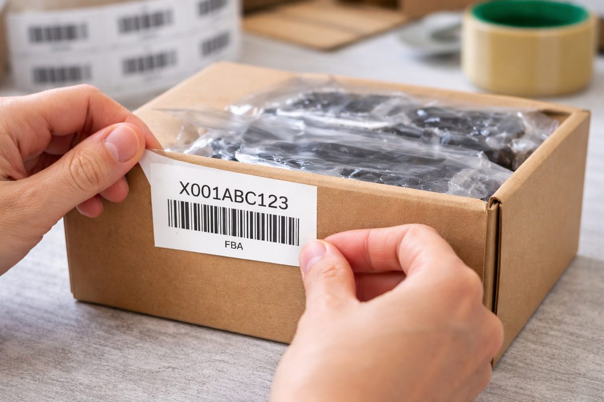 Étiquette FNSKU à code-barres apposée sur un carton