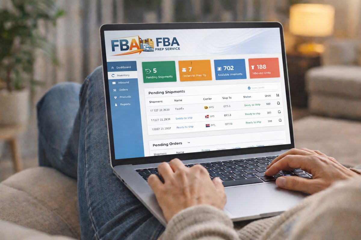 Le logiciel FBA Prep Service affiché sur un ordinateur portable, avec le suivi des expéditions